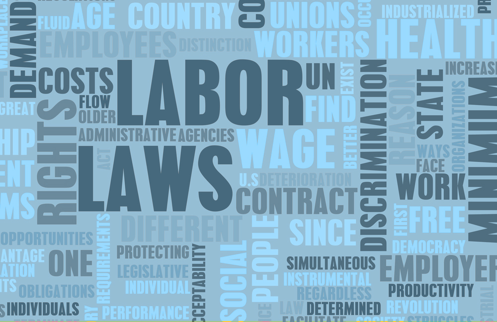 Collage of words about worker's rights, contracts, laws, labor, costs etc. Shades of blue text on a light grayish blue background.